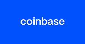 Blue background with Coinbase written in white writing in the center.