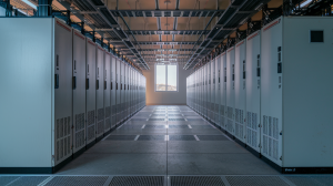 A photo of a large AI data center with multiple rows of servers. The servers are housed in white cabinets with open vents at the front. The floor is made of concrete and has a few power cables. The room has industrial lighting. There is a window at the back of the room.