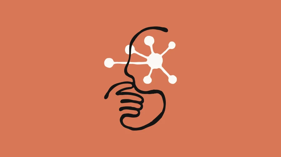 Orange background with an outline and line pencil image of a person turned outwards.