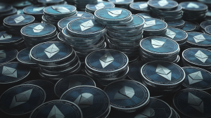 A cinematic shot of a pile of Ethereum cryptocurrency coins. The coins are stacked high and have a gradient of blue to white. The background is dark.