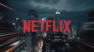 A dynamic background with a Netflix logo. The background is a cinematic shot of a city at night with tall buildings. There are lights on the buildings and in the city. The sky is overcast.