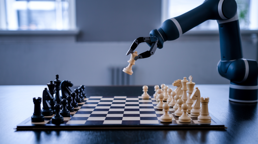 A photo of a game of chess laid out on a table. The chess board is in the middle of the table, and the pieces are arranged. In the corner of the image, a robotic arm is coming in to play. The robotic arm is holding a chess piece. The background is a room with a window.