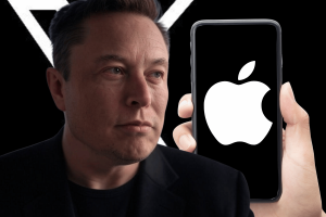 Apple resumes advertising on X after year-long pause over brand safety. A close-up of Elon Musk’s face with a serious expression, alongside a hand holding a smartphone displaying the Apple logo. The background features a stylized “X,” representing the X social media platform.