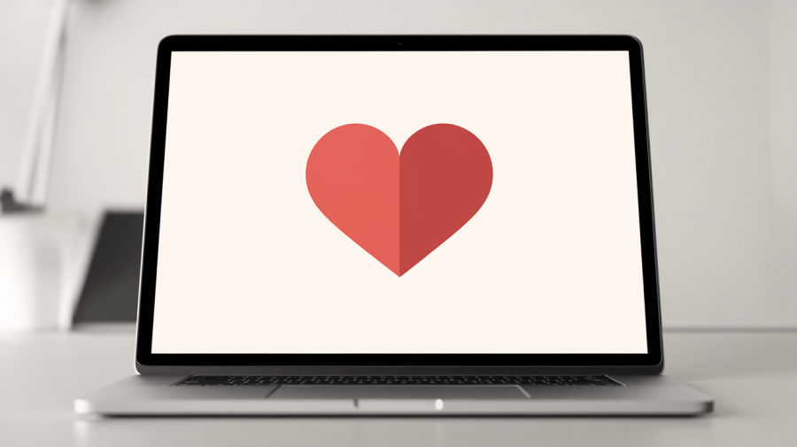 A close-up shot of a laptop screen with a plain background. The screen is white with a large red heart in the center. The laptop is placed on a plain desk. The background is plain and blurred out.