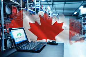 Bitdeer acquires Bitcoin mining site as part of Canada power project for $21.7M. Image of a Bitcoin mining facility with a laptop displaying the Bitdeer logo, overlaid with the Canadian flag, symbolizing Bitdeer's recent acquisition of a Bitcoin mining site in Canada.