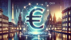 A futuristic digital finance scene featuring the OKX logo, set against a backdrop of a European city skyline. A glowing Euro symbol and blockchain network elements overlay the image, symbolizing cryptocurrency expansion in the European Economic Area. The image conveys a sense of security, innovation, and regulatory compliance, with sleek, modern aesthetics.