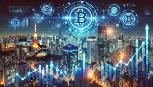 A futuristic financial scene depicting a Tokyo skyline illuminated with digital Bitcoin symbols, symbolizing MetaPlanet’s rapid Bitcoin accumulation. The image should convey a sense of innovation, growth, and financial power, with a strong focus on Bitcoin’s presence in the corporate world. A sleek, modern aesthetic with high-tech elements and a dynamic upward trend in the background would enhance the theme.