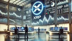 A modern stock exchange trading floor with digital screens displaying the XRP logo and financial charts. The setting should emphasize a professional investment atmosphere, with market data, candlestick graphs, and ETF-related statistics visible. The background should subtly hint at the Brazilian market, incorporating elements like the B3 stock exchange branding or abstract references to Brazil’s financial district. The overall tone should be futuristic and dynamic, symbolizing the growing adoption of cryptocurrency in traditional finance.
