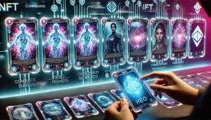 A futuristic digital card game interface featuring holographic NFT trading cards with vibrant artwork. The cards depict stylized avatars of crypto influencers, each glowing with unique stats and engagement metrics. The background showcases a sleek, high-tech blockchain network with interconnected nodes and digital transactions flowing across. A player’s hand is visible, selecting a hero card to add to their lineup, with game rewards and competition highlights subtly displayed in the UI.