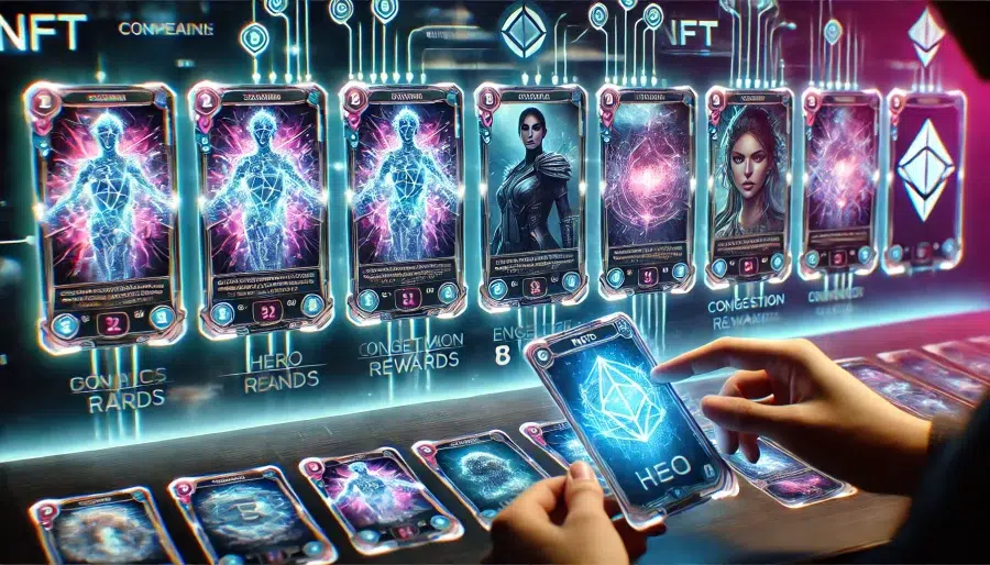 A futuristic digital card game interface featuring holographic NFT trading cards with vibrant artwork. The cards depict stylized avatars of crypto influencers, each glowing with unique stats and engagement metrics. The background showcases a sleek, high-tech blockchain network with interconnected nodes and digital transactions flowing across. A player’s hand is visible, selecting a hero card to add to their lineup, with game rewards and competition highlights subtly displayed in the UI.