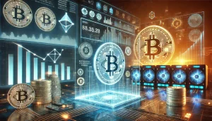 A modern financial technology concept art featuring a sleek digital interface displaying financial metrics, cryptocurrency symbols, and stock market graphs. In the background, a futuristic Bitcoin mining facility with advanced hardware and glowing circuit boards. A large, bold 'Block' logo subtly integrated into the scene, representing the company’s presence in the fintech and crypto space.