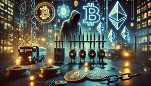 A digital illustration depicting the rise of crypto-related crime in Russia. The image features a futuristic cityscape with a dark, cyber-themed aesthetic, showcasing digital currency symbols intertwined with elements of crime, such as chains, security breaches, or a shadowy figure in the background. Additionally, a power grid with overloaded transformers and electrical surges can symbolize the impact of illegal crypto mining. The atmosphere should be tense, with a blend of neon lights and ominous tones, representing the intersection of cryptocurrency, law enforcement, and economic strain.