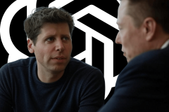 Elon Musk consortium leads $97.4B bid to take over OpenAI. AI image of Sam Altman with Elon Musk in front of OpenAI logo.