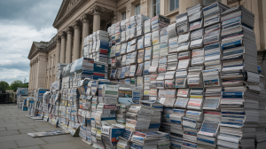 A photo of stacks and stacks of newspapers outside a UK government building. The building has a classical design with columns. The newspapers are piled high, reaching the top of the building. There are also some newspapers on the ground. The background reveals a cloudy sky.