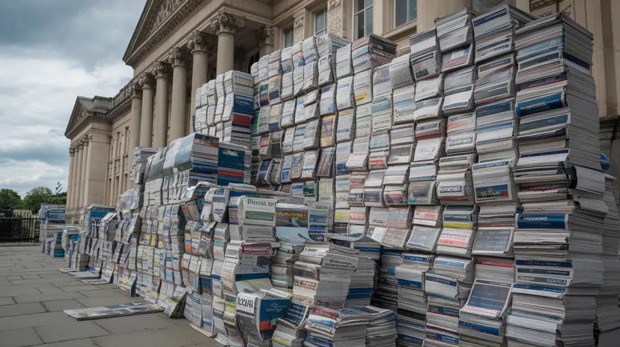 A photo of stacks and stacks of newspapers outside a UK government building. The building has a classical design with columns. The newspapers are piled high, reaching the top of the building. There are also some newspapers on the ground. The background reveals a cloudy sky.
