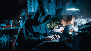 A photo of a hacker dressed in all black clothes, including a hoodie, sitting in a dark room. The hacker is working on a laptop. The room is dimly lit, with a single light shining on the hacker. The background is cluttered with items, including a lamp, a plant, and a bag.