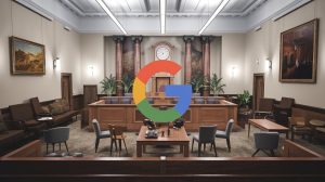 A realistic, empty courtroom with a Google logo in the foreground. The courtroom has a wooden bench, several chairs, and a table. There are also some plants. The walls have paintings and a large clock. The lighting is bright.