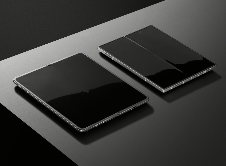 Oppo Find N5 foldable device laid out on a table against an older version.