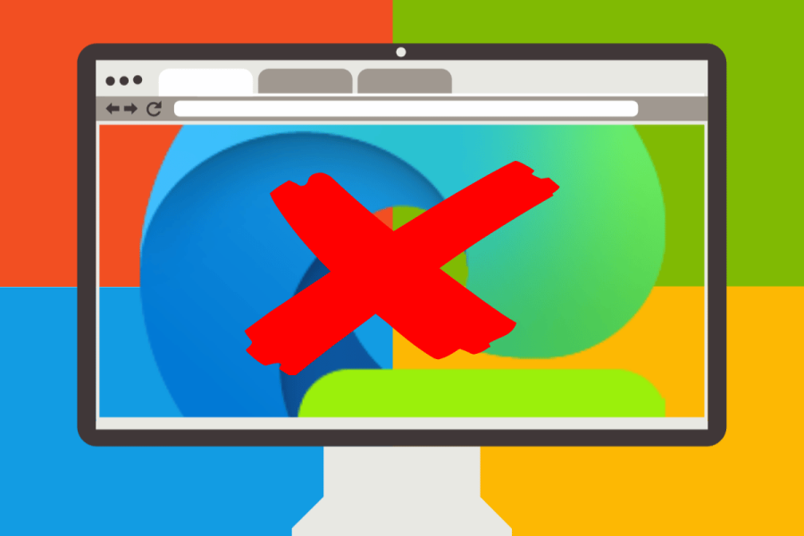 How to uninstall Microsoft Edge from Windows 10 and 11 - a guide for beginners. A digital illustration of a computer screen displaying the Microsoft Edge logo, with a large red "X" overlaying it. The background consists of a colorful Windows-themed design in orange, blue, green, and yellow, representing the Windows operating system. The image symbolizes the removal or uninstallation of Microsoft Edge from a computer.