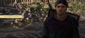 henry dressed in archers clothing at a millers backyard in the middle of dialogue