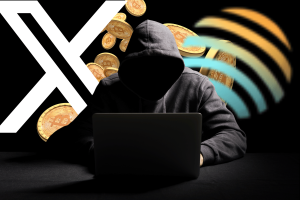 Jupiter Exchange’s X account hacked to promote scam token $MEOW. A shadowy figure wearing a hoodie sits at a laptop, representing a hacker. In the background, a large "X" logo is displayed alongside golden cryptocurrency coins and a Wi-Fi-like signal, symbolizing cybercrime and the hacking of a digital platform.