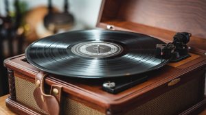 A close-up shot of a vintage record player with a plain vinyl record in it. The record player is made of wood and has a leather strap. The vinyl record has a black background with a white circular design. The record player is placed on a wooden surface. The background is blurred and contains a few other objects.