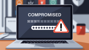 A vector illustration of a laptop screen displaying a password that has been compromised. The text 