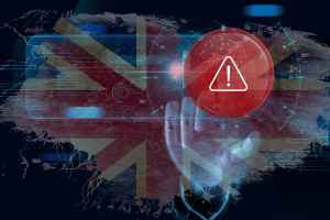 Majority of Britons fear AI safety as leaders gather for global summit. Digital illustration showing a United Kingdom flag overlayed with technological elements, including a red alert symbol and futuristic digital graphics, highlighting concerns about AI safety.