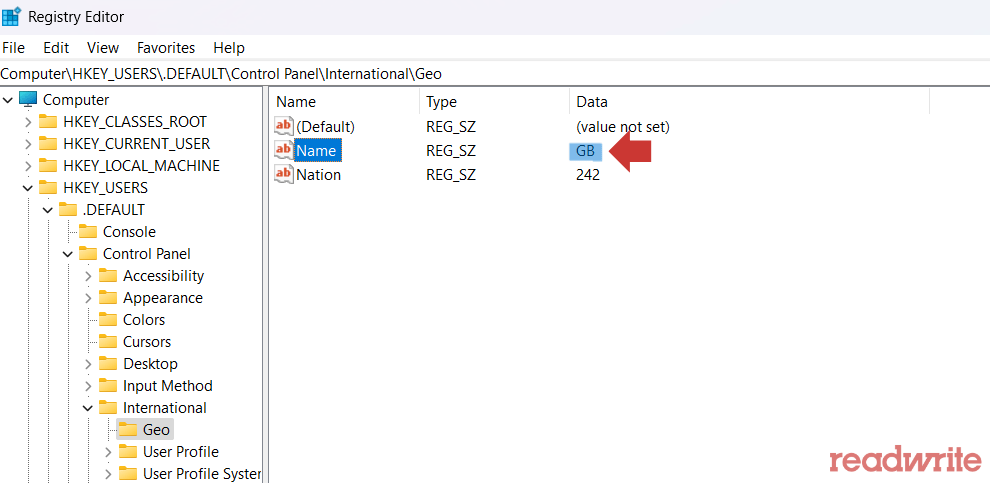 A screenshot of the Registry Editor in Windows, displaying the HKEY_USERS.DEFAULT\Control Panel\International\Geo registry key. The Name entry is highlighted, with its value set to GB, indicating the system's geographic region. A red arrow points to the value. The "readwrite" watermark is visible in the bottom right corner.