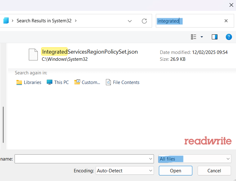 A screenshot of the Open File dialog in Windows, showing a search result for IntegratedServicesRegionPolicySet.json located in C:\Windows\System32. The search term "integrated" is highlighted in the search bar, and the file name is partially highlighted. The file size is 26.9 KB, and the modification date is 12/02/2025. The "readwrite" watermark is visible in the bottom right corner.