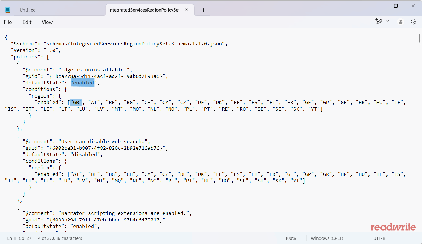 A screenshot of the IntegratedServicesRegionPolicySet.json file opened in a text editor, displaying JSON code. The section labeled "Edge is uninstallable." has the defaultState set to "enabled", and the region list includes "GB" along with other country codes. The text "enabled" and "GB" are highlighted. The "readwrite" watermark is visible in the bottom right corner.