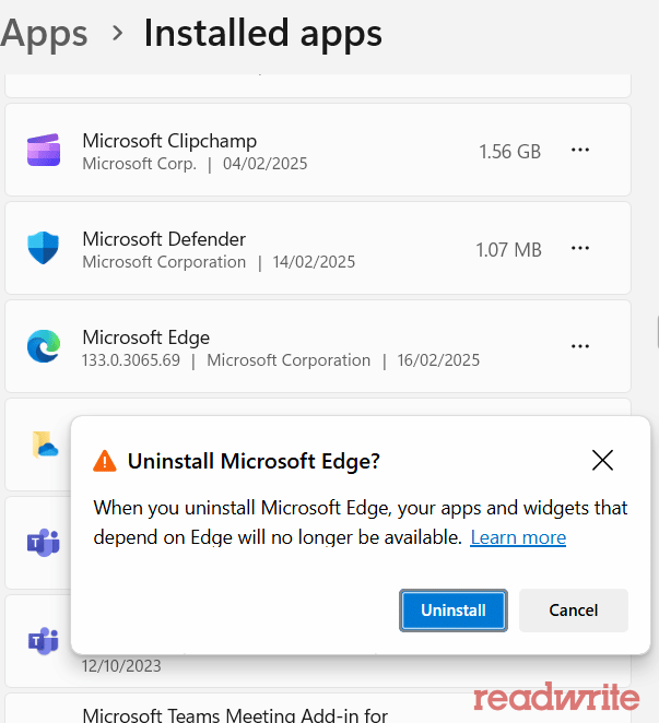 A screenshot of the Installed apps section in Windows, showing Microsoft Edge listed among other apps. A pop-up window titled "Uninstall Microsoft Edge?" warns that uninstalling Edge may affect apps and widgets that depend on it. The Uninstall button is highlighted, with an option to Cancel. The "readwrite" watermark is visible in the bottom right corner.