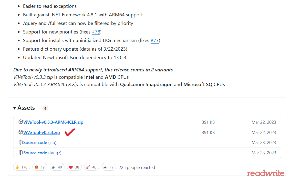 A screenshot of the GitHub releases page for ViVeTool, showing available download options. The "ViVeTool-v0.3.3.zip" file is marked with a red check, indicating the recommended version for Intel and AMD CPUs. Other files, including the ARM64 version and source code, are also listed. The "readwrite" watermark is visible in the bottom right corner.