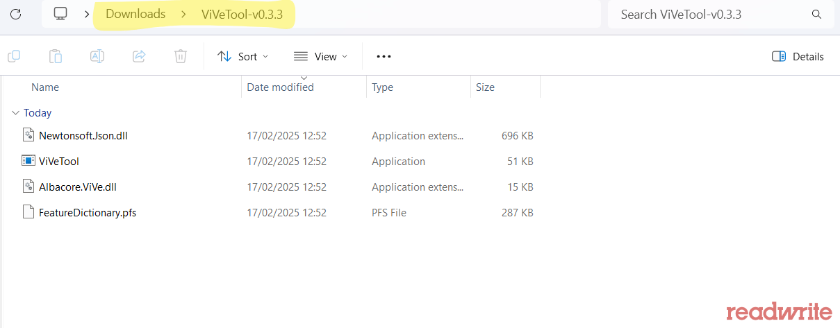 A screenshot of the File Explorer window displaying the extracted ViVeTool-v0.3.3 folder in the Downloads directory. The folder contains four files: NewtonSoft.Json.dll, ViVeTool, Albacore.ViVe.dll, and FeatureDictionary.pfs. The folder path is highlighted, and the "readwrite" watermark is visible in the bottom right corner.