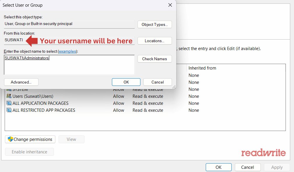 A screenshot of the Select User or Group window in Windows, used for changing file ownership. The location field displays the current computer name, with an arrow pointing to where the user's name appears. The object name field is set to SUSWATI\Administrators, indicating that the ownership is being transferred to the administrator account. The "readwrite" watermark is visible in the bottom right corner.