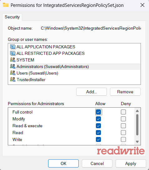 A screenshot of the Permissions window for the IntegratedServicesRegionPolicySet.json file in Windows. The Administrators group is selected, with the Full control permission checkbox enabled under the "Allow" column. Other permissions, including Modify, Read & Execute, Read, and Write, are also checked. The "readwrite" watermark is visible in the bottom right corner.