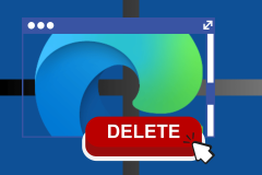 Microsoft Edge uninstall guide vanishes after backlash over misleading information. A digital illustration featuring the Microsoft Edge logo inside a stylized web browser window on a blue background with a Windows-like design. In the foreground, a large red "DELETE" button is displayed, with a white cursor clicking on it, symbolizing the attempt to remove or uninstall Microsoft Edge.