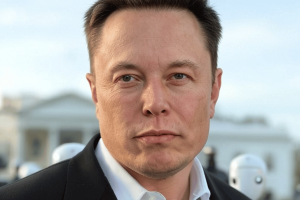 Musk ally 'pushes AI-first strategy,' as federal job faces potential cuts under Trump’s DOGE. AI image of Elon Musk in front of the White House with humanoid robots in the background.