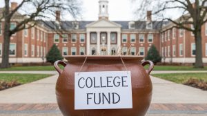 A photo of a college building in the background. In the foreground, there's a big pot with nothing inside it. There's a sign on the pot that says 'college fund'.