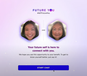 Screenshot of AI future tool 'Future You.' A young person image, next to an age-progressed photo of her.