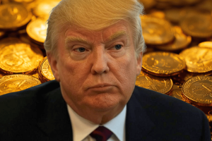 Trump-backed World Liberty Financial launches token reserve. A digitally edited image of Donald Trump with a background of gold coins, symbolizing cryptocurrency.