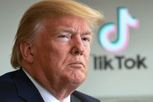 Trump orders US sovereign wealth fund, hinting at possible TikTok purchase. AI image of Donald Trump in front of TikTok logo