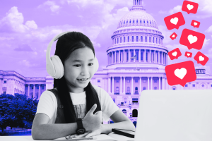 US Senate approves KOSMA bill, sparking debate over kids' social media access. Illustration of a young girl wearing headphones and using a laptop, with the U.S. Capitol building in the background. Social media icons with hearts are floating beside her, symbolizing digital engagement.