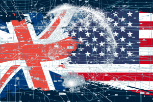 US and UK refuse to sign AI declaration at global Paris summit. A digital artwork featuring a blend of the United Kingdom and United States flags with a glitchy, abstract overlay. The UK flag is on the left, and the US flag is on the right, merging in the center with a fragmented, dissolving effect. The background contains a network of interconnected digital lines and numerical data, symbolizing technology and artificial intelligence themes.