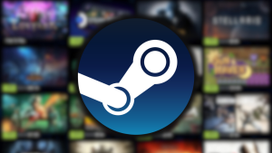 Steam logo with available games in the background