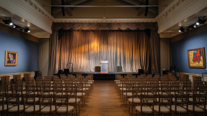 A photo of an auction house with drawn curtains and a stage. The stage has a podium and a microphone. There are chairs arranged in rows in front of the stage. The walls have art pieces. The room has a high ceiling. The floor is made of wood. The lighting is bright.