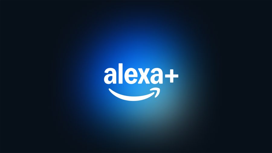 Amazon Alexa+ logo glowing against a dark background.