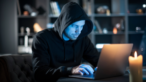 A photo of a hacker dressed in all black clothes with a hoodie up. He is sitting in a dark room and is using a laptop. The laptop is positioned on a table. There is a lit candle next to the laptop. The background is blurred and shows shelves with books and other items.