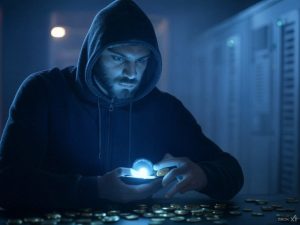 AI image to represent a large theft of Ethereum crypto / Hackers steal estimated $1.5 billion worth of Ethereum crypto from Bybit exchange.