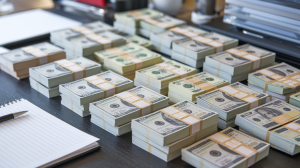 A photo of a close-up shot of a desk covered with multiple stacks of money. There are bills with various denominations, including $1, $5, $20, and $100 notes. The stacks of money are neatly arranged and take up the entire desk. There are also a pen and a notepad on the desk. The background is blurred and contains a few objects.